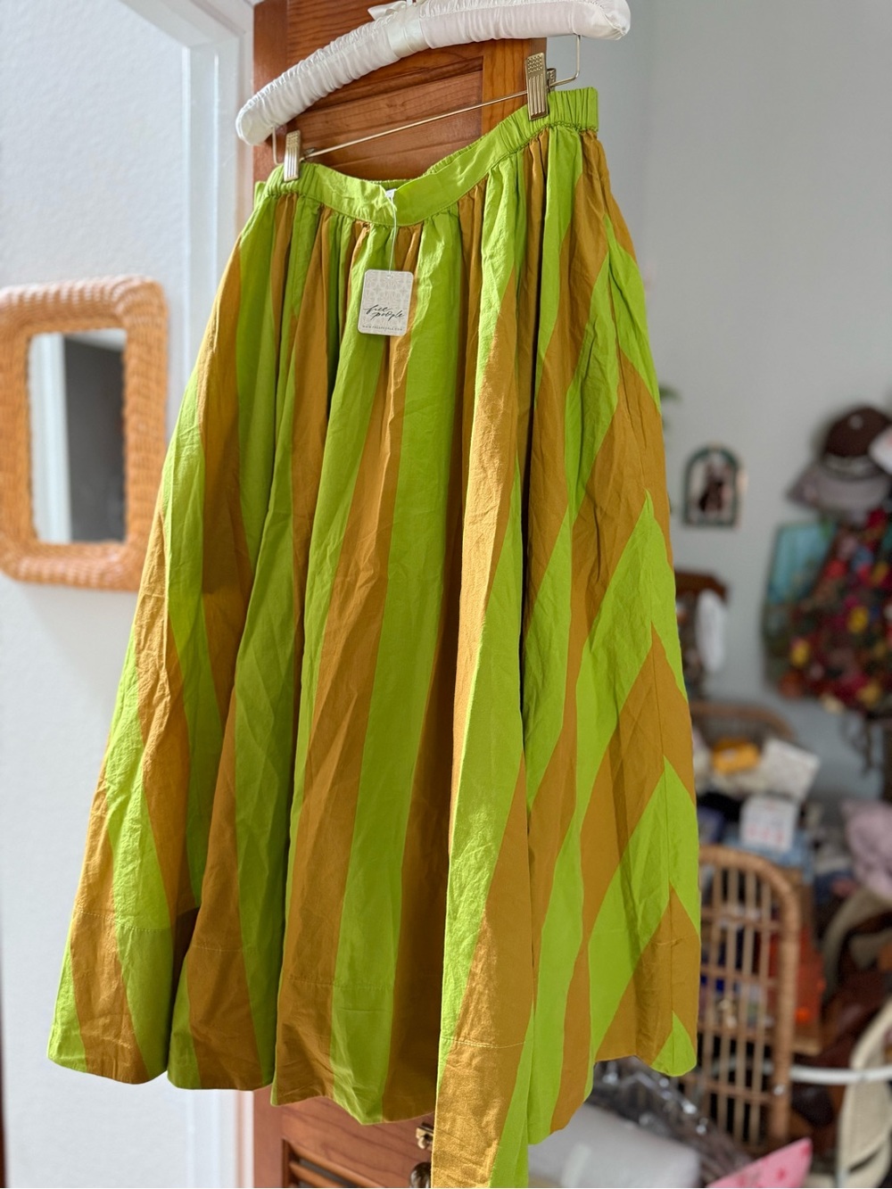 NWT Free People Lowen green and mustard yellow stripe print midi skirt sz large